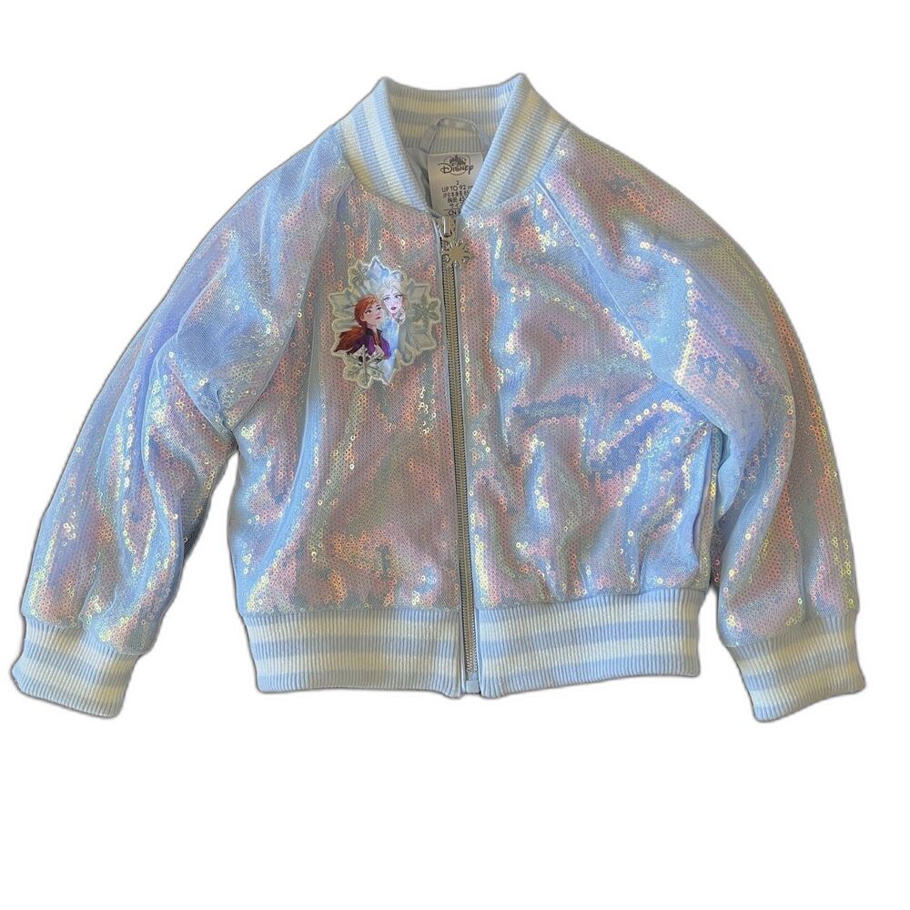 Disney Frozen 2 Anna Elsa Iridescent Sequin Bomber Jacket Girls Size 2